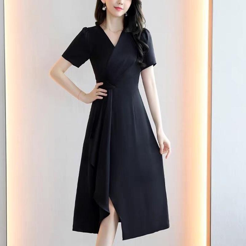 Vestido de Verano con Cuello en V Elegante Moda Pliegues Cintura Dama Manga Corta Temperamento Vestido de Fiesta Noche Mujeres Color Sólido Abertura Vestidos