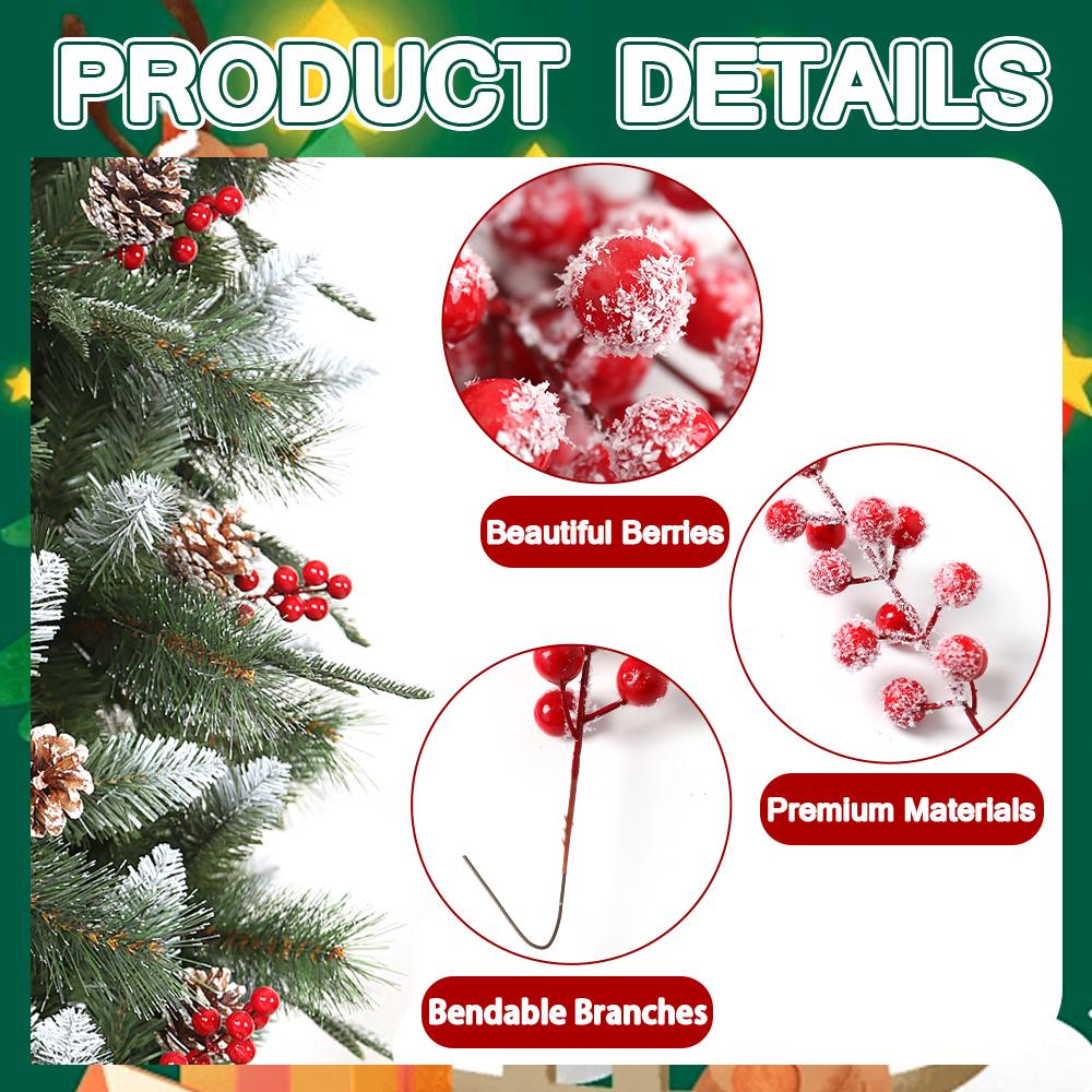 20pcs Artificial Snow Frosted Red Berries Stems Home Decor DIY Crafts Christmas Tree Party Decoration New Year Festive Ornaments