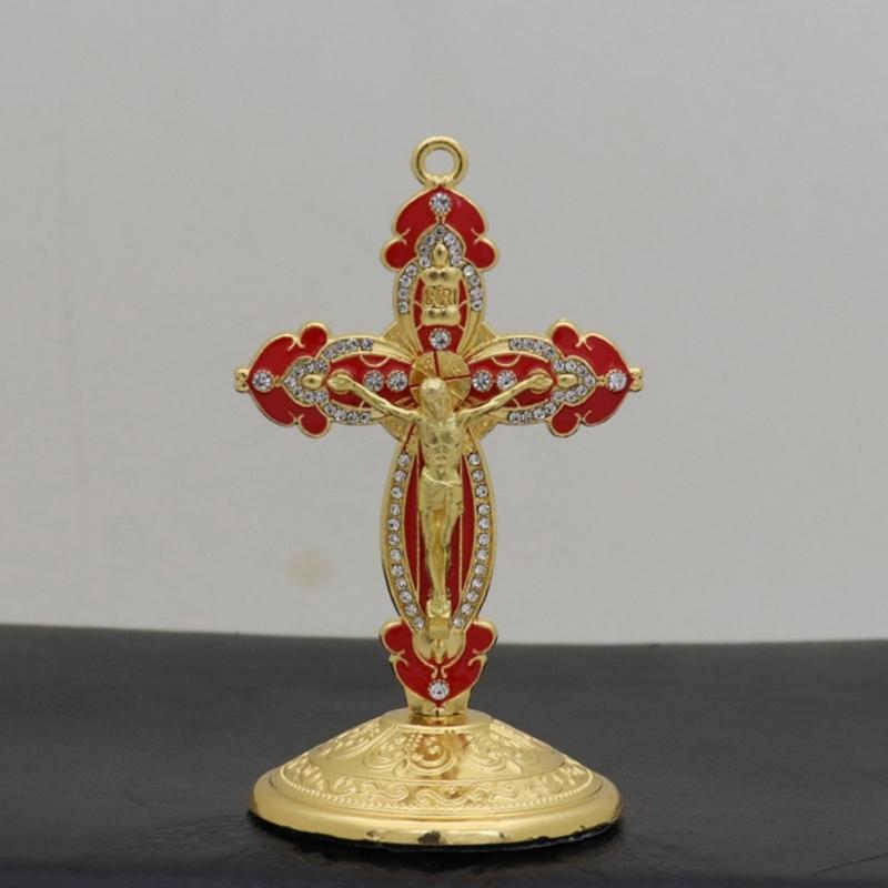 Handmade Enameled Zinc Crucifix Ornament Church Supplier Metal Crucifix with Stand Religious Decoration