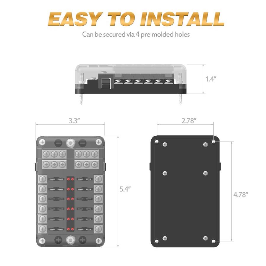 12-Way Blade Fuse Box Block with Indicator