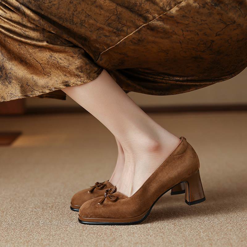 Krazing Pot Suede Round Toe Size 40 High Heels Slip On Platform Butterfly-knot Decoration Casual Autumn Shallow Pumps