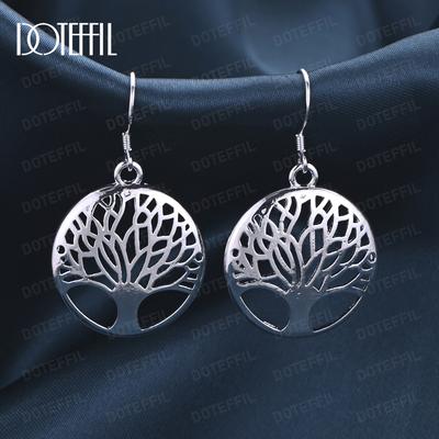 925 Sterling Silver Round Tree Pendant with Piercing Earrings Fashion Wedding Jewelry