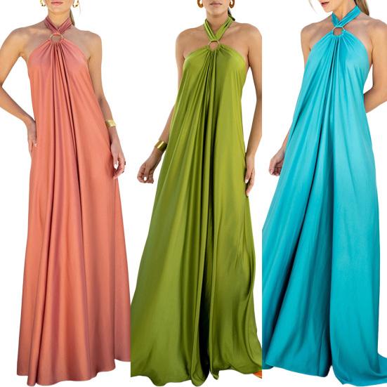 Off Shoulder Backless Neck Straps Solid Color A-Line Beach Dress Elegant Casual