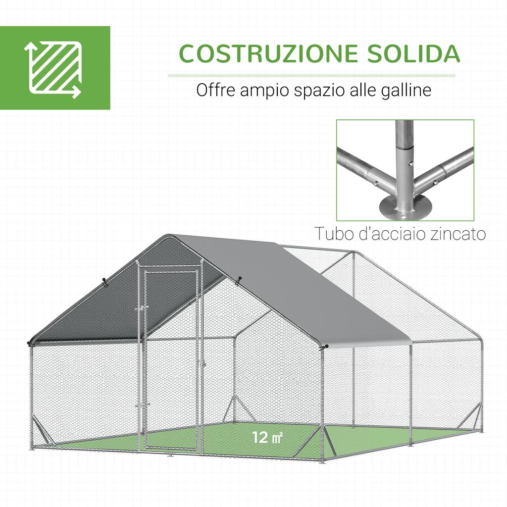 Garden Chicken Coop with Galvanized Frame, Waterproof Cover and Hexagonal Netting, 3x4x2 M, Silver
