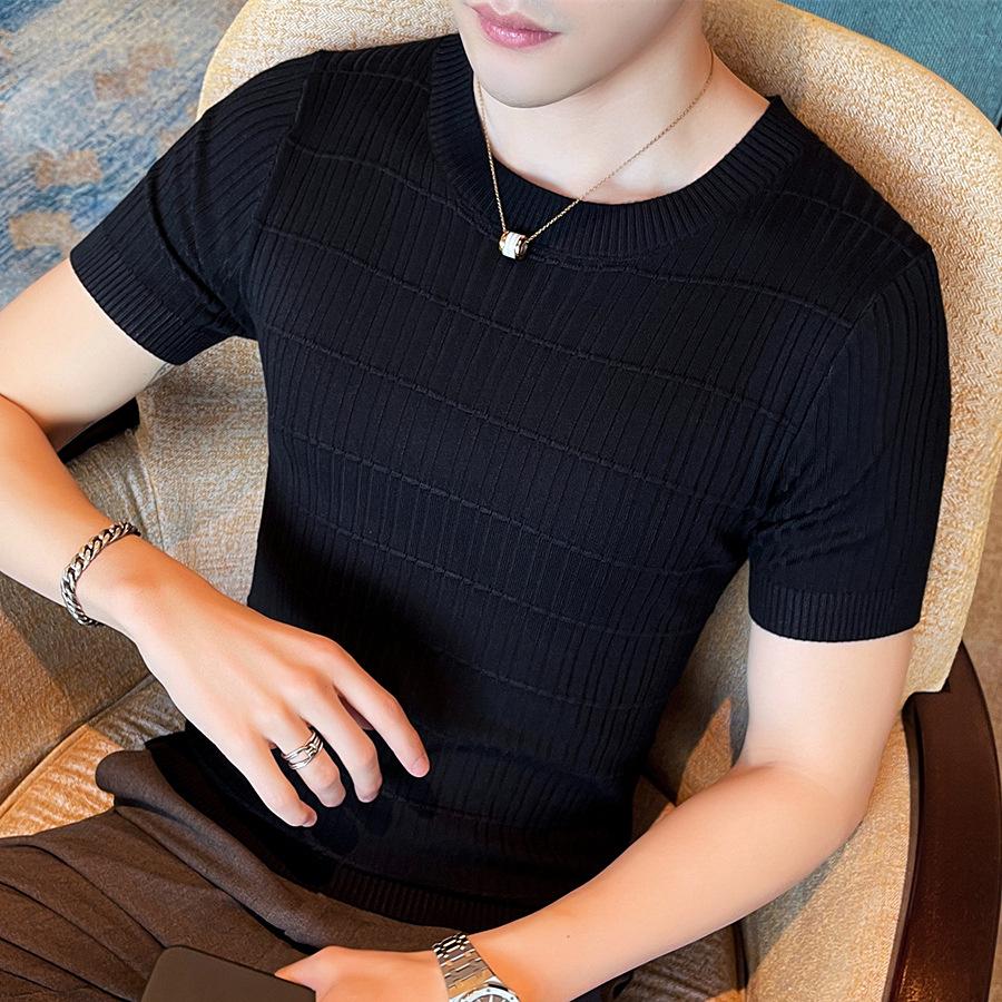 Men's Short-Sleeve Wool Knit Sweater - Spring/Autumn Trendy Lightweight Base Layer Top