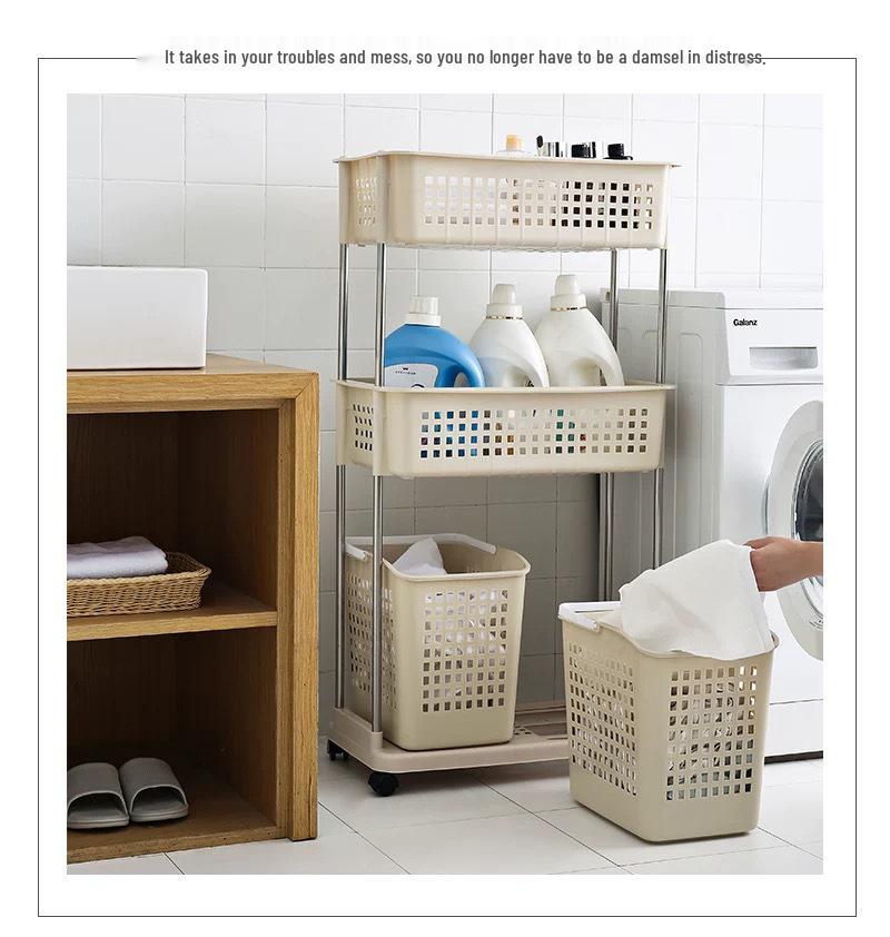 Three-Tier Rolling Storage Rack: Plastic Shelf for Bathroom, Kitchen, or Laundry.