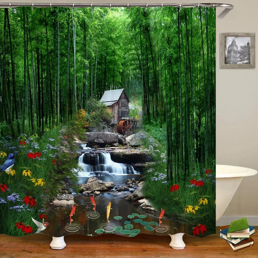 Natur Waldlandschaft Duschvorhänge Badezimmervorhang Stoff Wasserdicht Polyester Landschaft Badevorhang mit Haken