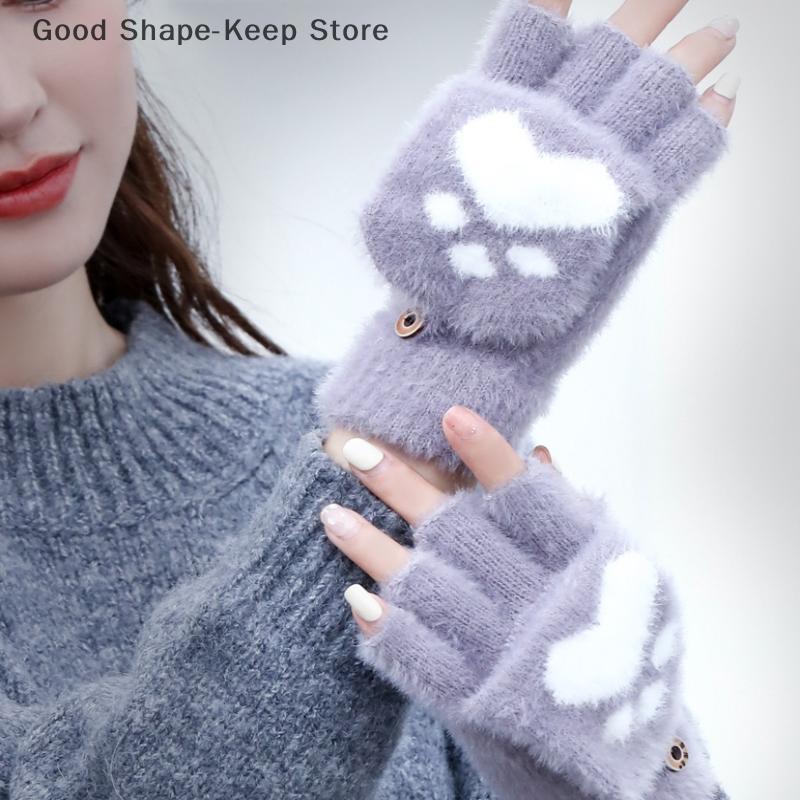 Thick Warm Women's Cat Claw Paw Gloves Fashion Girls Plush Mittens Soft Short Fingerless Half Finger Winter Gloves