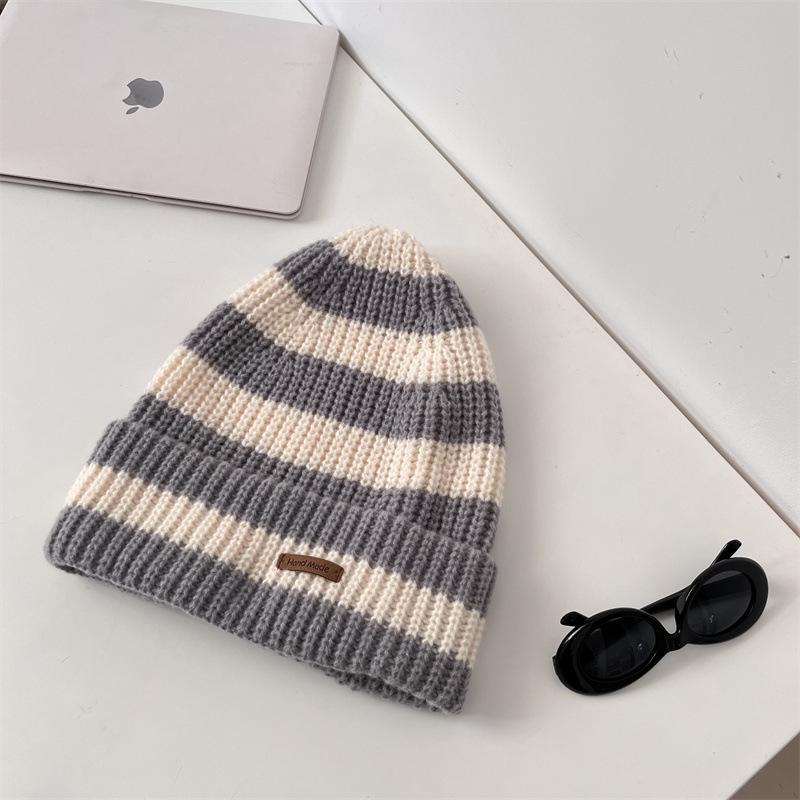 Winter Warm Woolen Women's Slouchy Hat: Thickened Korean-Style Striped Knit for Large Heads, Slimming Effect