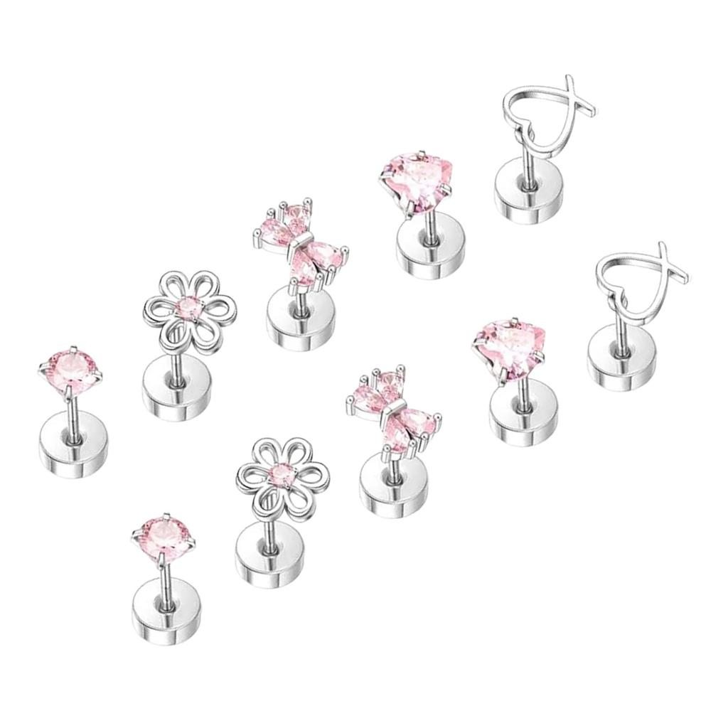 Cute Bowknot Butterfly Heart Flower Studs Surgical Steel Earrings Allergy Resistant for Sensitive Ears with Screw Back