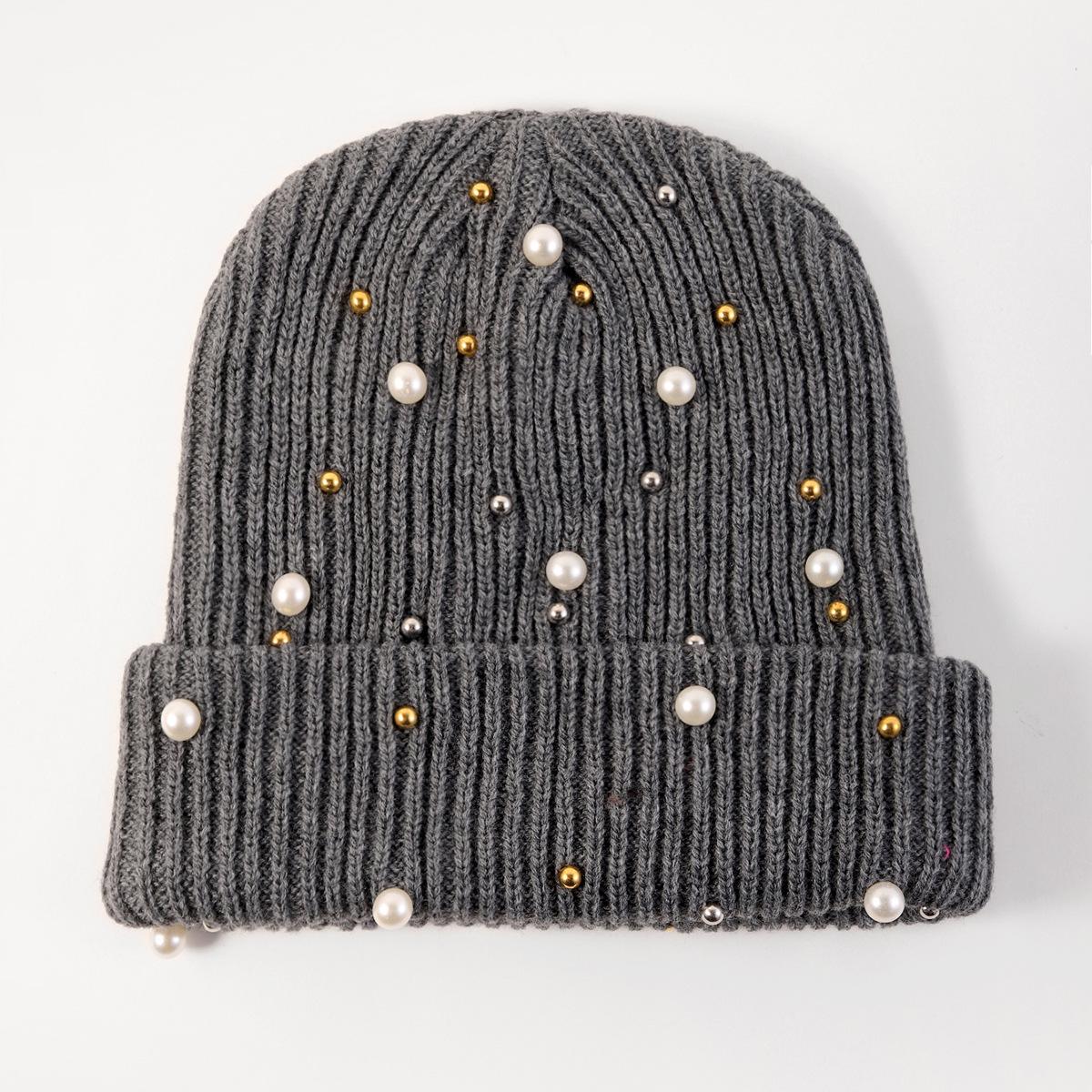 New Autumn And Winter Woolen Hat For Women, Fashionable Pearl Embellishment, Winter Warm Knitted Hat One Size серый
