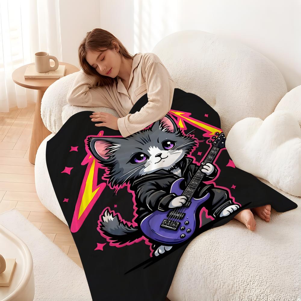 Art R-Rock G-Guitar Cat Throw Flannel Blanket Suitable for Sofas Beds Offices Travel, Camping Chairs
