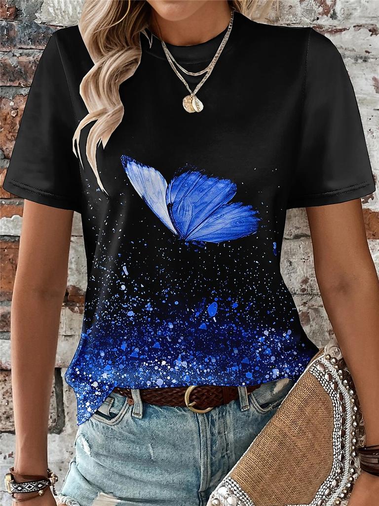 Butterfly & Glitter Gradient Print Casual T Shirt Crew Neck Short Sleeve Tee For Women Summer Holiday Travel And Daily Outfits