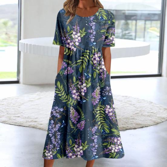 Women Summer Dress Round Neck Loose Fit Flower Print Wide Hem Short