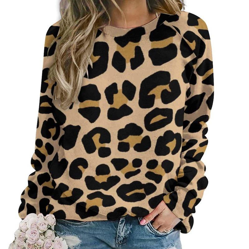 Moda Leopardo Camisetas Femininas Outono Manga Longa Camiseta Tops Gola O Regular Casual Solto Gola O Roupas Femininas Pulôver