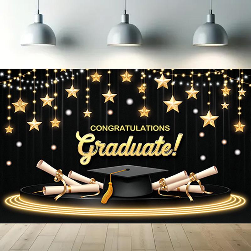 Studentfest Banner med Studentmössa&Examensbevis&Stjärna Design, Bakgrund för Hemträdgårdsfiranden, Studentfest Dekoration