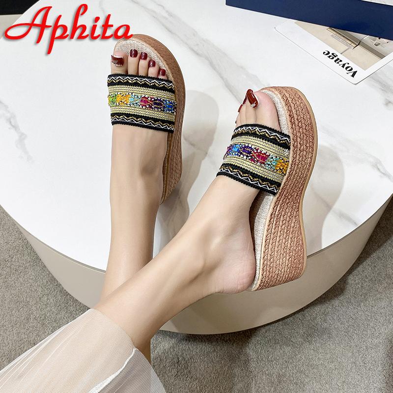Fashion Aphixta New Embroiber Stripted 7cm High Wedge Heels Platform Slides Women Retro Plus Size 43 Slippers Outdoor Sexy Beach Shoes