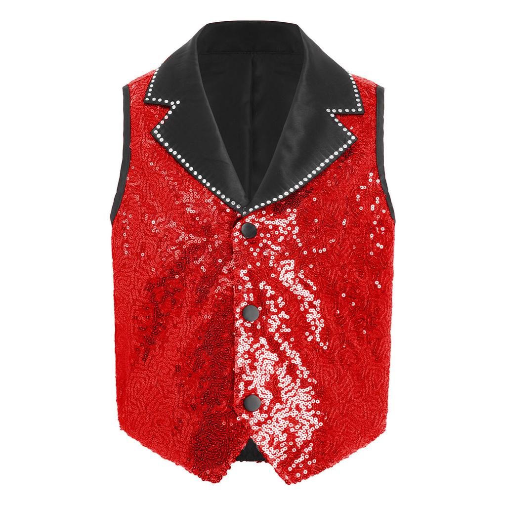 Boys Shiny Sequin Vest Contrast Lapel Collar Sleeveless Asymmetrical Hem Stage Waistcoat