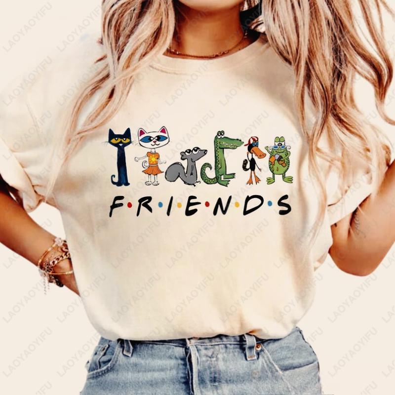 Women Shirt The Pete Cat Friends Children's Book T-Shirt Groovy Cat Sweatshirt Kindergarten Teacher Tees Cotton Tops Ropa Mujer