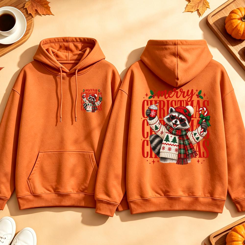 Merry Christmas Raccoon Hoodie Cute Heart Sunglasses Hot Cocoa Graphic Sweatshirt Winter Scarf Sweater Unisex Pullover Tops