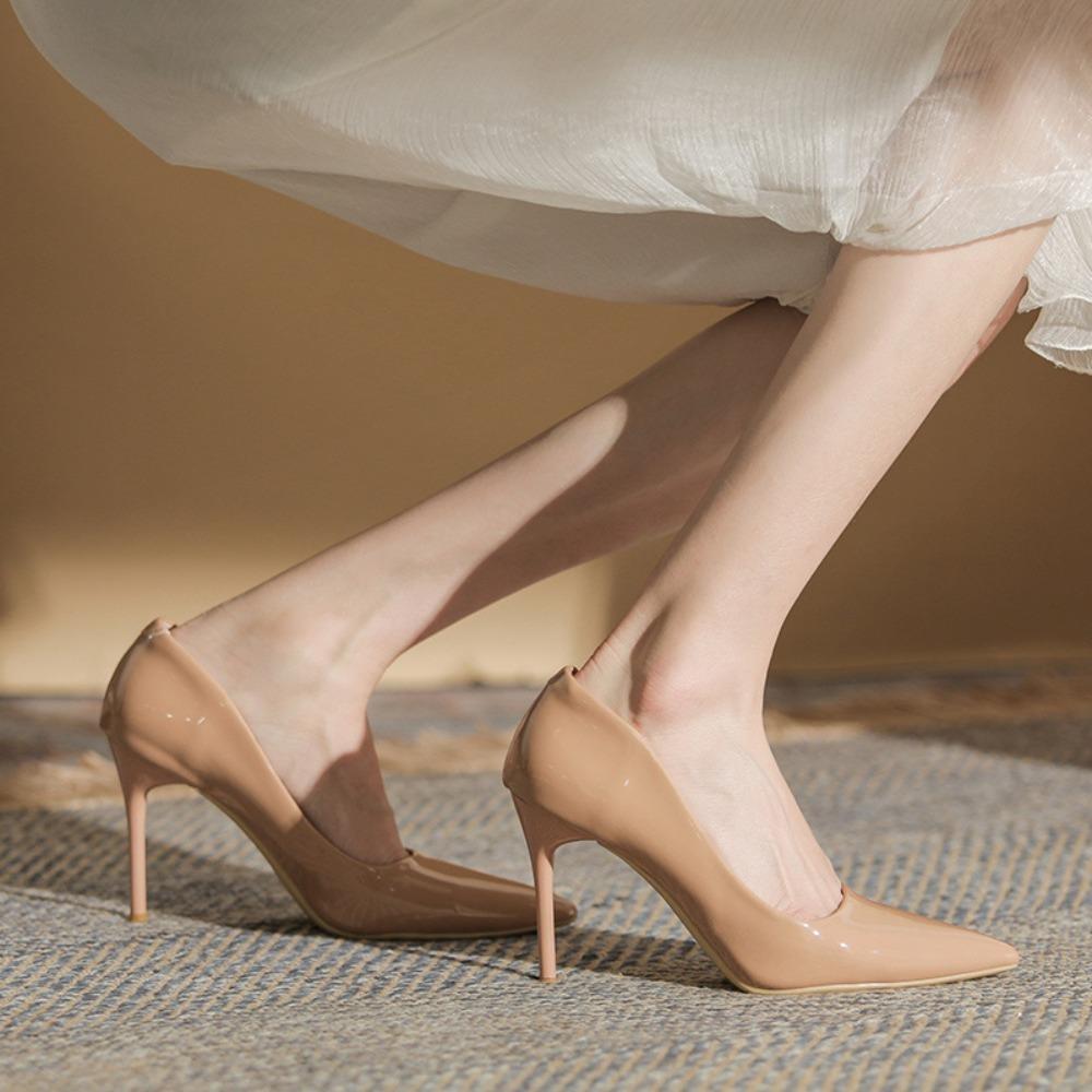 2025 New Women's Non-Chafing Nude High Heels - Sexy Patent Leather Stiletto Pointed Toe Soft Leather Bridesmaid Shoes XCY-930-1