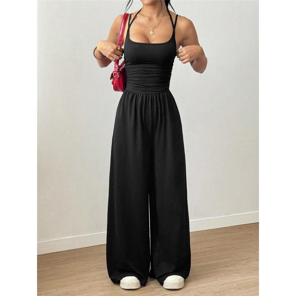Women's Halterneck Suspender Pleated Waist Backless Jumpsuit