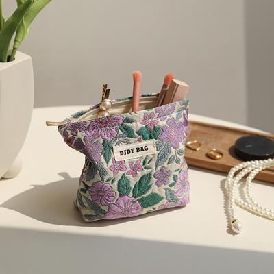 Kosmetiktasche für Damen, klein, Vintage, lila Blumen, Kosmetik, Lippenstift, Aufbewahrungstasche, tragbare Geldbörse, Pendler-Kartenhalter