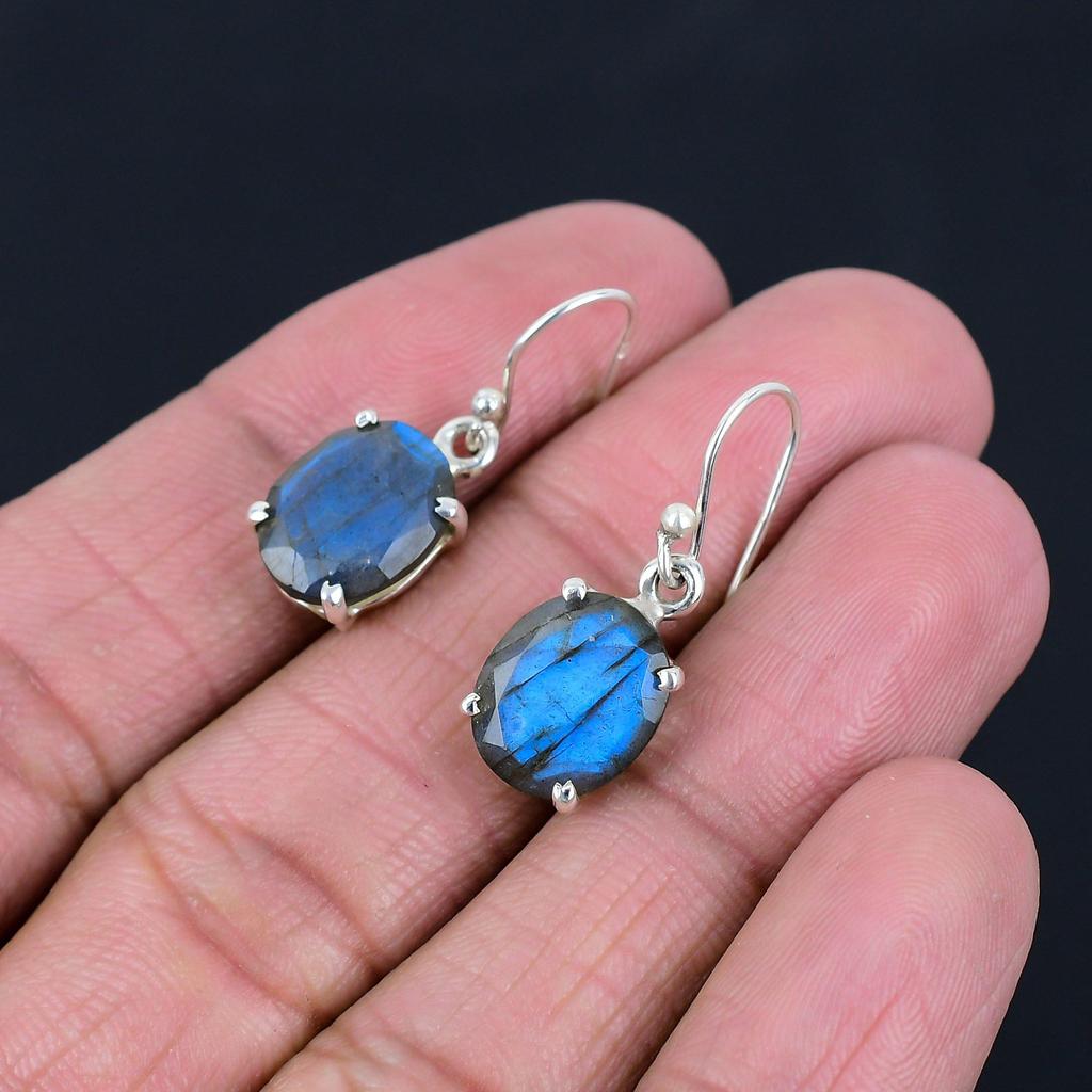 Natural Labradorite  Gemstone Earrings Solid 925 Sterling Silver Handmade Earrings Jewelry Gift For Women And Girls E-587