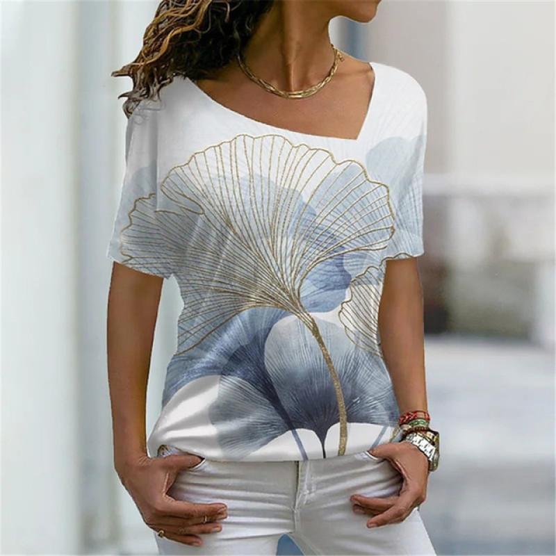 Šikmý límec Květinový Digitální 3D Tisk Harajuku Dámské Tričko Krátký Rukáv Letní Neformální Personalizované Dámské Vrchní Oblečení