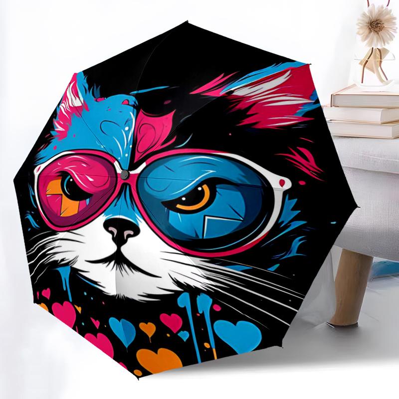 1pc Creative Glasses Cat Automatic Open/Close Umbrella, Portable Compact Umbrella for Men & Women A031