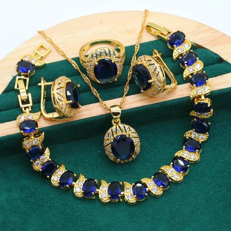 

Геометрические комплекты ювелирных изделий золотого цвета для женщин, свадебный браслет с королевским синим цирконием, серьги, ожерелье, кулон, кольцо, подарок на Новый год
