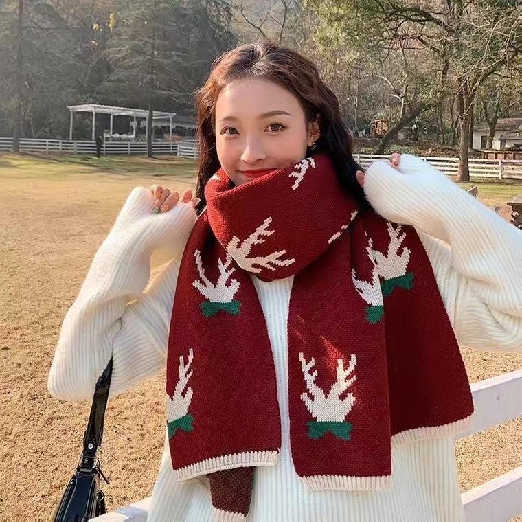 Christmas Elk Big Scarf Women's Autumn and Winter Versatile Cute Girl Heart Long Knitted Wool Scarf Winter Warm