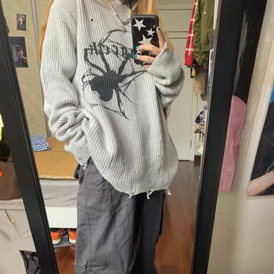KOSY Milang Girl Spider Print Sweater Women Gothic Vintage Ripped Grunge Jumper Streetwear Korean Oversize Hiphop Pullover