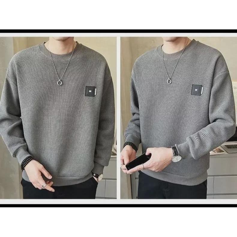 Men's Textured Solid Color Loose Round Neck Sweatshirt - Spring & Autumn Casual Style