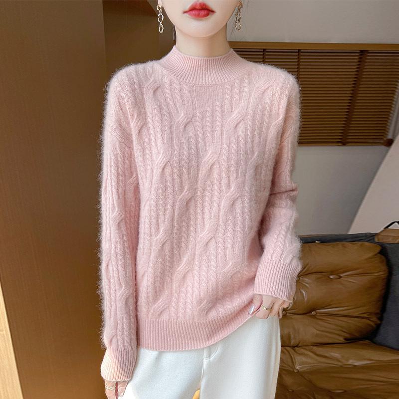 

Женский универсальный кашемировый свитер крупной вязки - Полувысокий воротник, Свободный крой, Повседневный и удобный пуловер-джемпер X-Large розовый