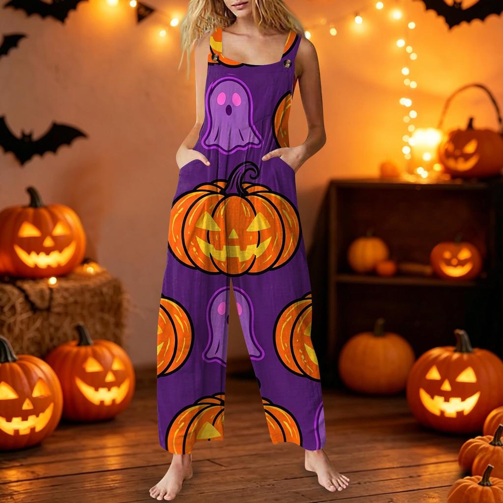 Ärmelloser Jumpsuit für Damen Baumwolle Halloween-Print Lässig Einteiler Lockerer Sitz Weiter Bein Romper mit Taschen