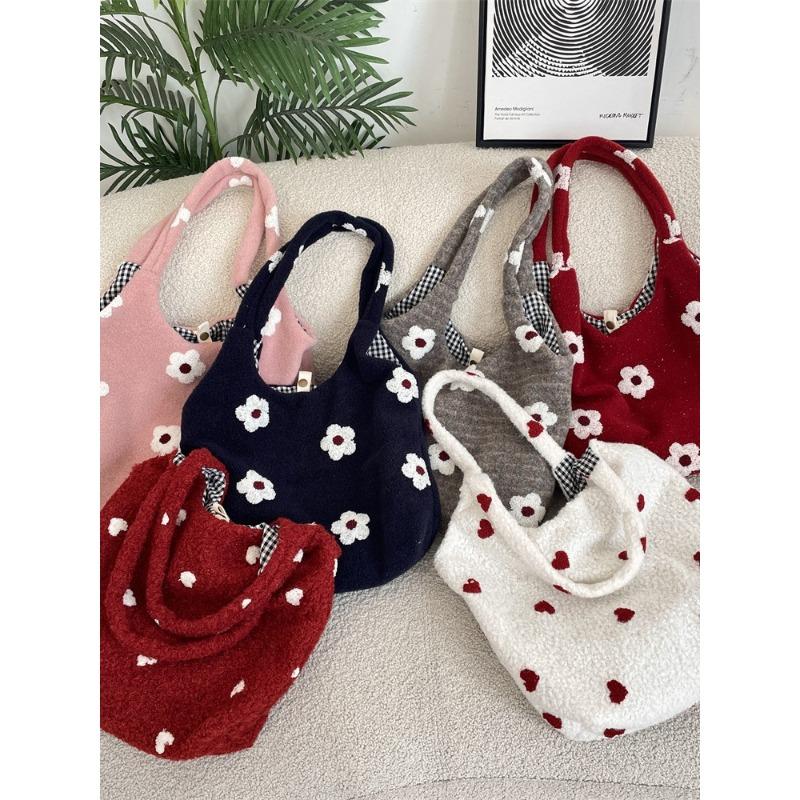 New Embroidered Flower Sweet Girly Underarm Bag Tote Bag Autumn and Winter Furry Shoulder Bag
