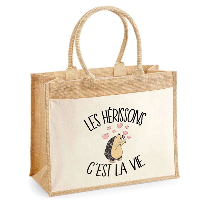 Sac de plage - PLANETEE - Jute avec poche Hérissons C'est la vie - Coton imprimé en France - Multicolore - 43x33 cm