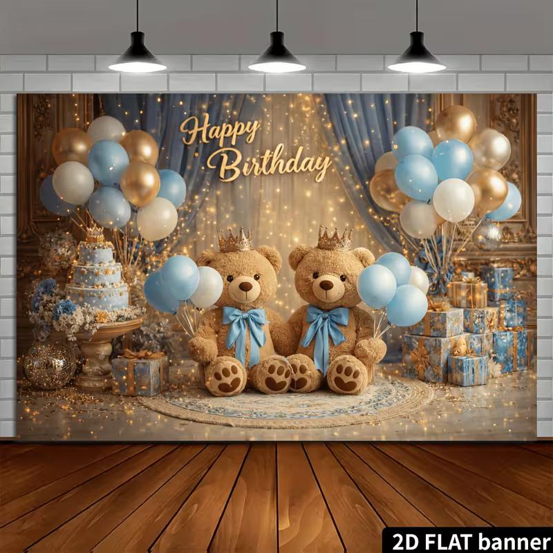 2D Flat Teddy Bear Birthday Banner, Blue Gold Scene for Baby Shower and Children's Party
