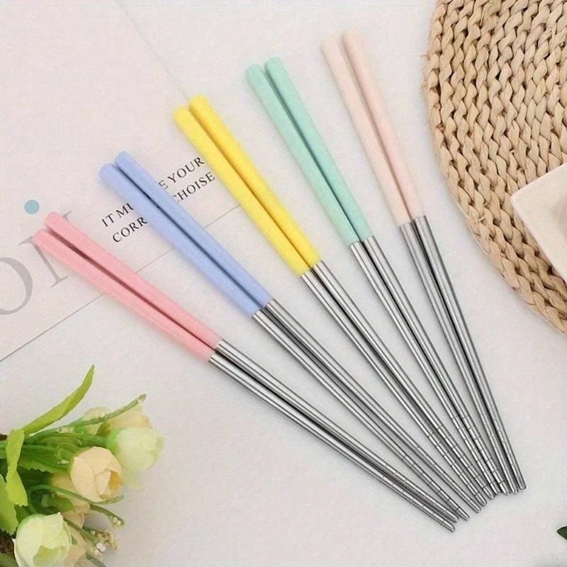 Reusable Chopsticks with Wheat Straw Handle Portable Travel Utensils for Sushi Noodles and Easy Cleaning Non-Slip Metal Design