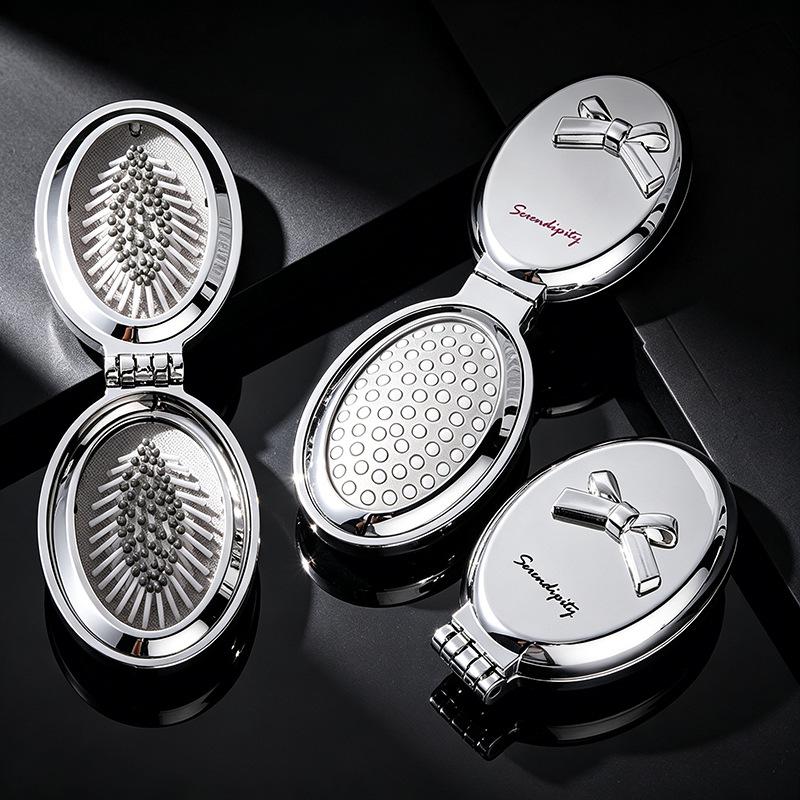 Electroplated Silver Massage Comb with Folding Mirror and Anti-Static Air Cushion – Student Girl Ins Style