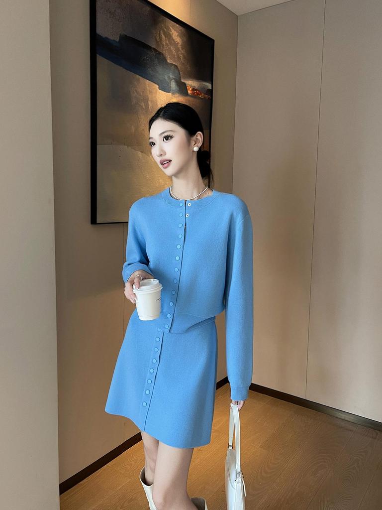 PINKEEN Blue Button-Up Knit Cardigan & Skirt Set for Women - Spring 2026, Whitened, Age-Reducing Style