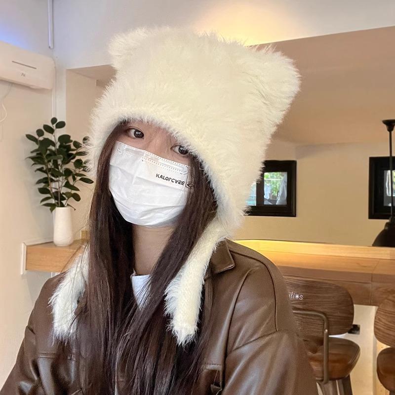 Autumn and winter Internet celebrity cute plush bear hat female plush thickened warm imitation rabbit hair windproof ear protection headhat