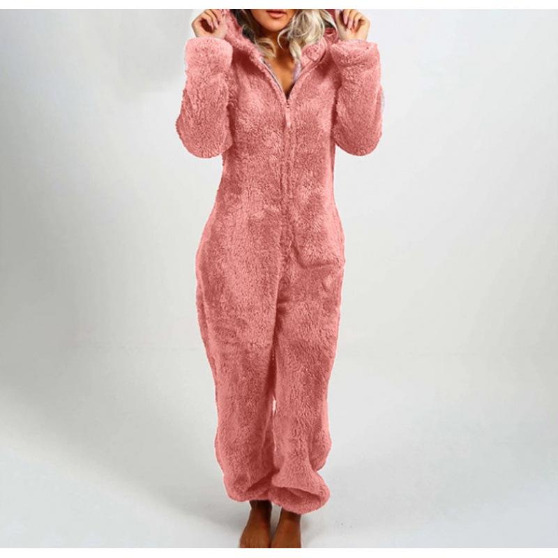 2024 Europäischer & Amerikanischer Herbst/Winter Kapuzen-Overall mit Fleecefutter Pyjama für Damen