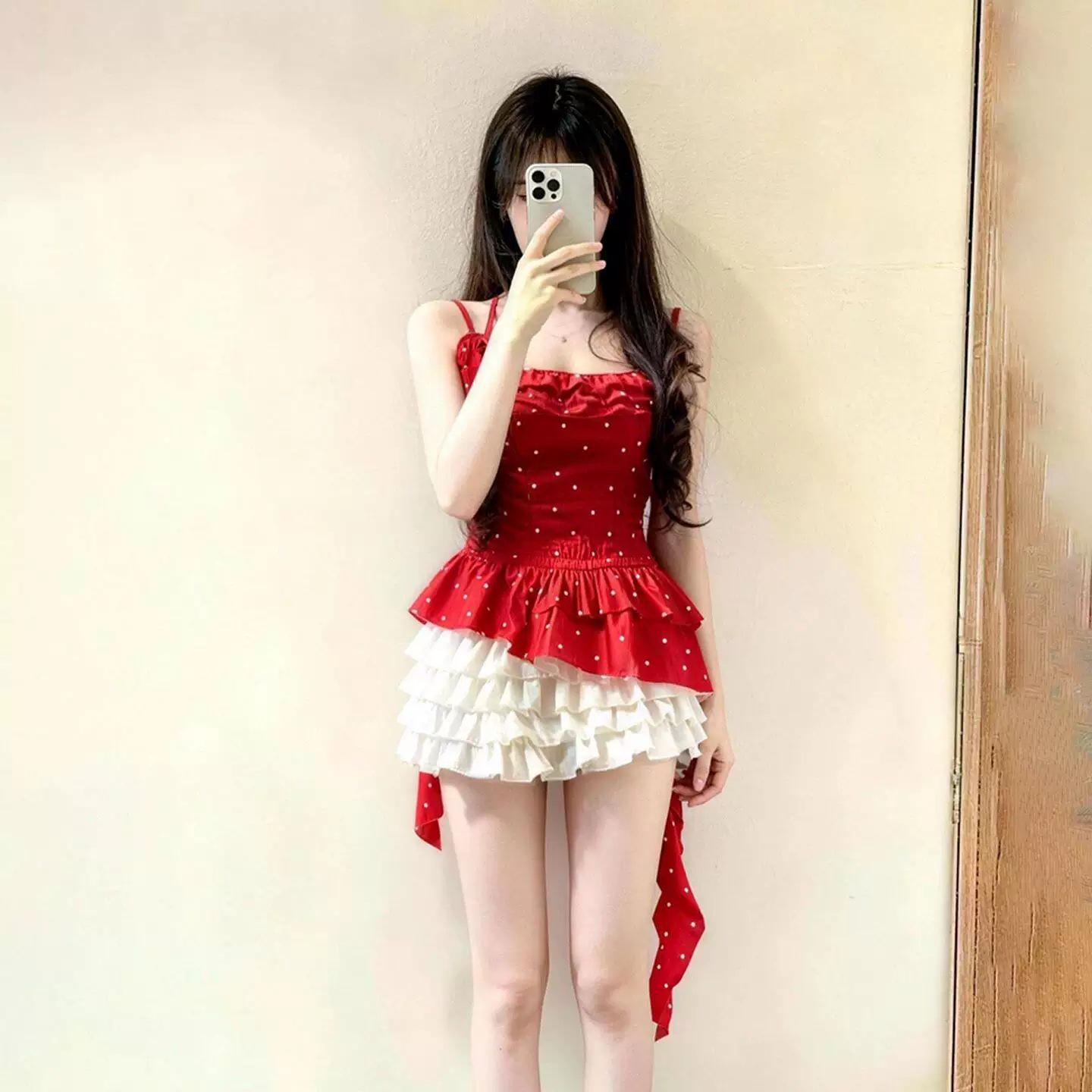 2026 Summer Chic Red Polka Dot Camisole and Irregular Cake Skirt Set Small