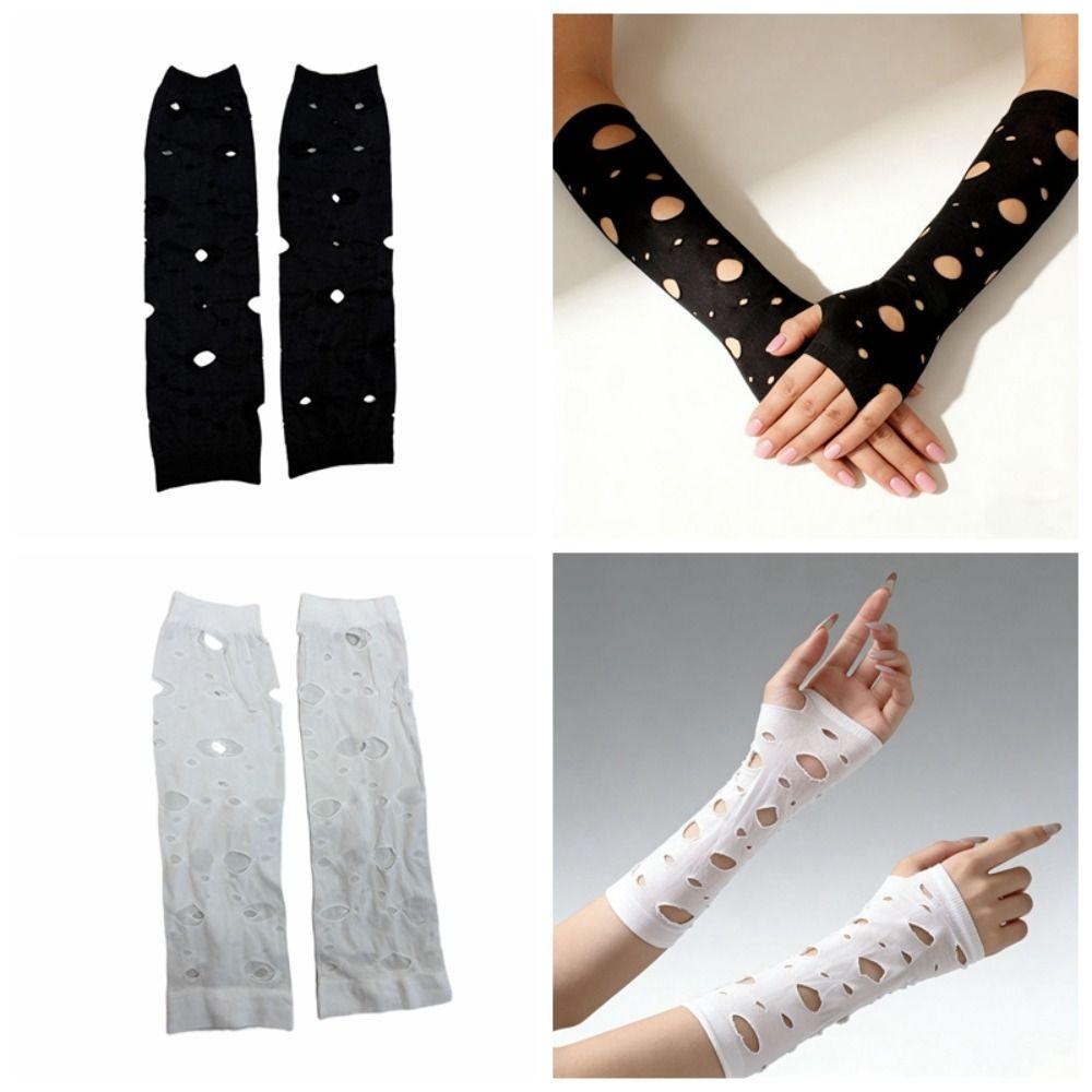 Long Mittens Ripped Arm Warmers Black Hollow Fingerless Gloves Elastic Breathable Hand Sleeves Halloween Cosplay