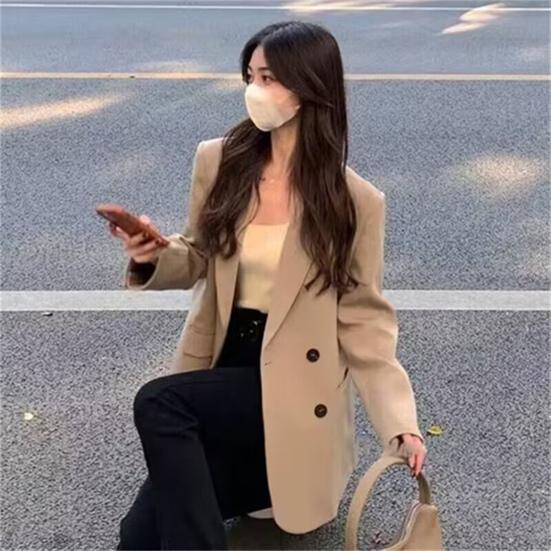 

Женский пиджак Yousheng, двубортный пиджак с лацканами и длинными рукавами, однотонный свободный крой, карманы с клапанами, деловая верхняя одежда S бежевый