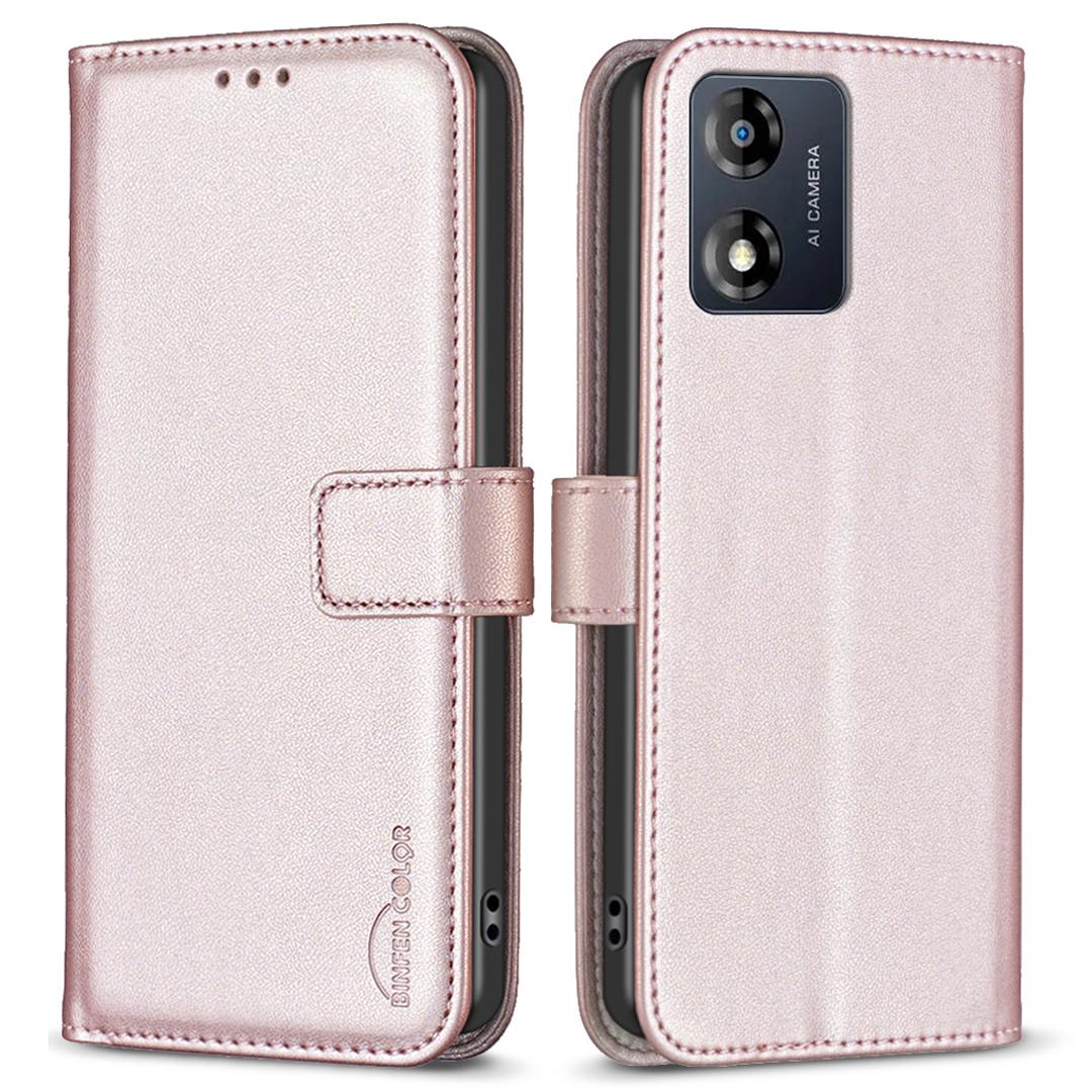 

BINFEN COLOR BF17 For Motorola Moto E13 4G Flip Wallet Phone Case PU Leather Stand Magnetic Cover Rose Gold