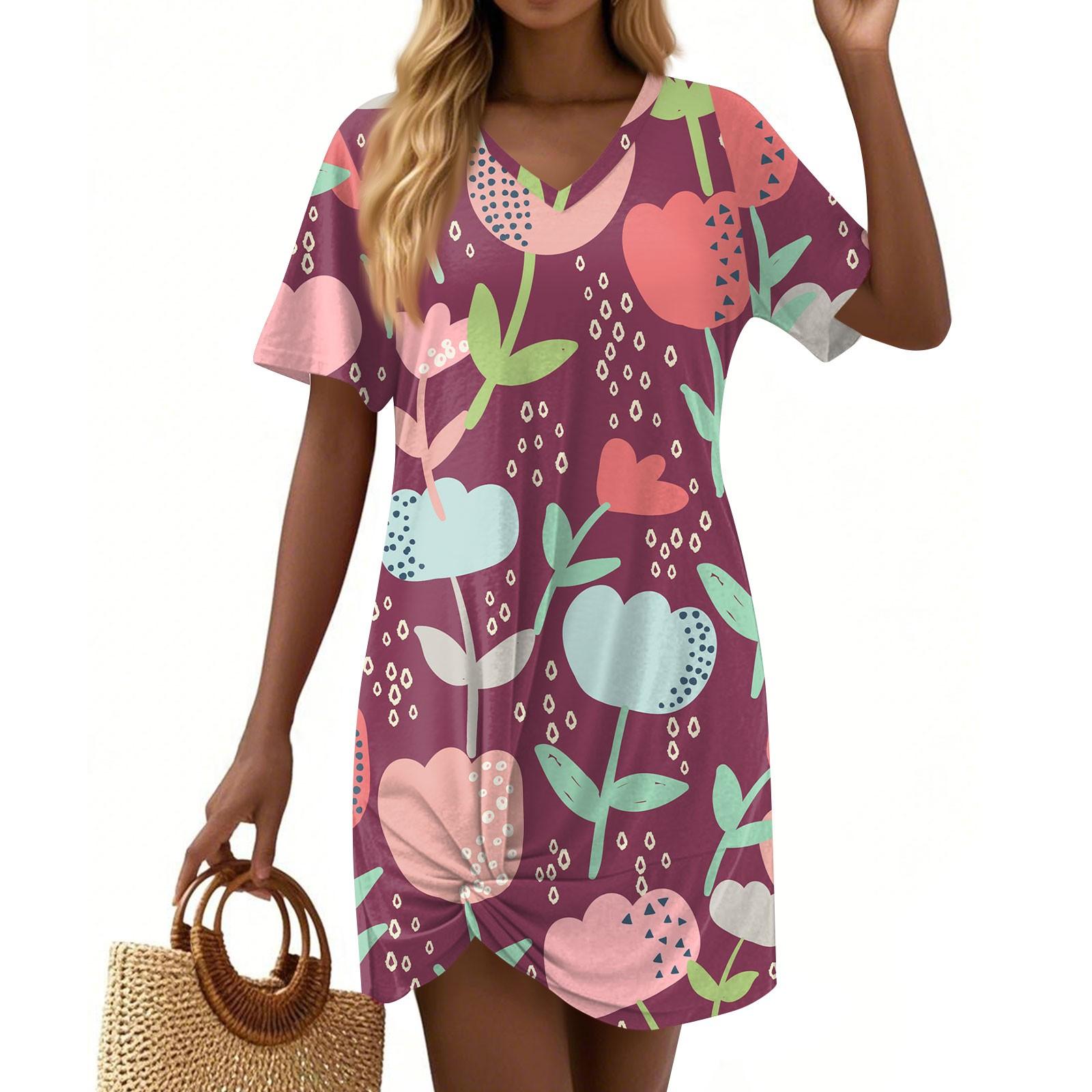

Women s Summer Casual Floral Printed Hem Knotted Short Sleeve Dresses XXL винний