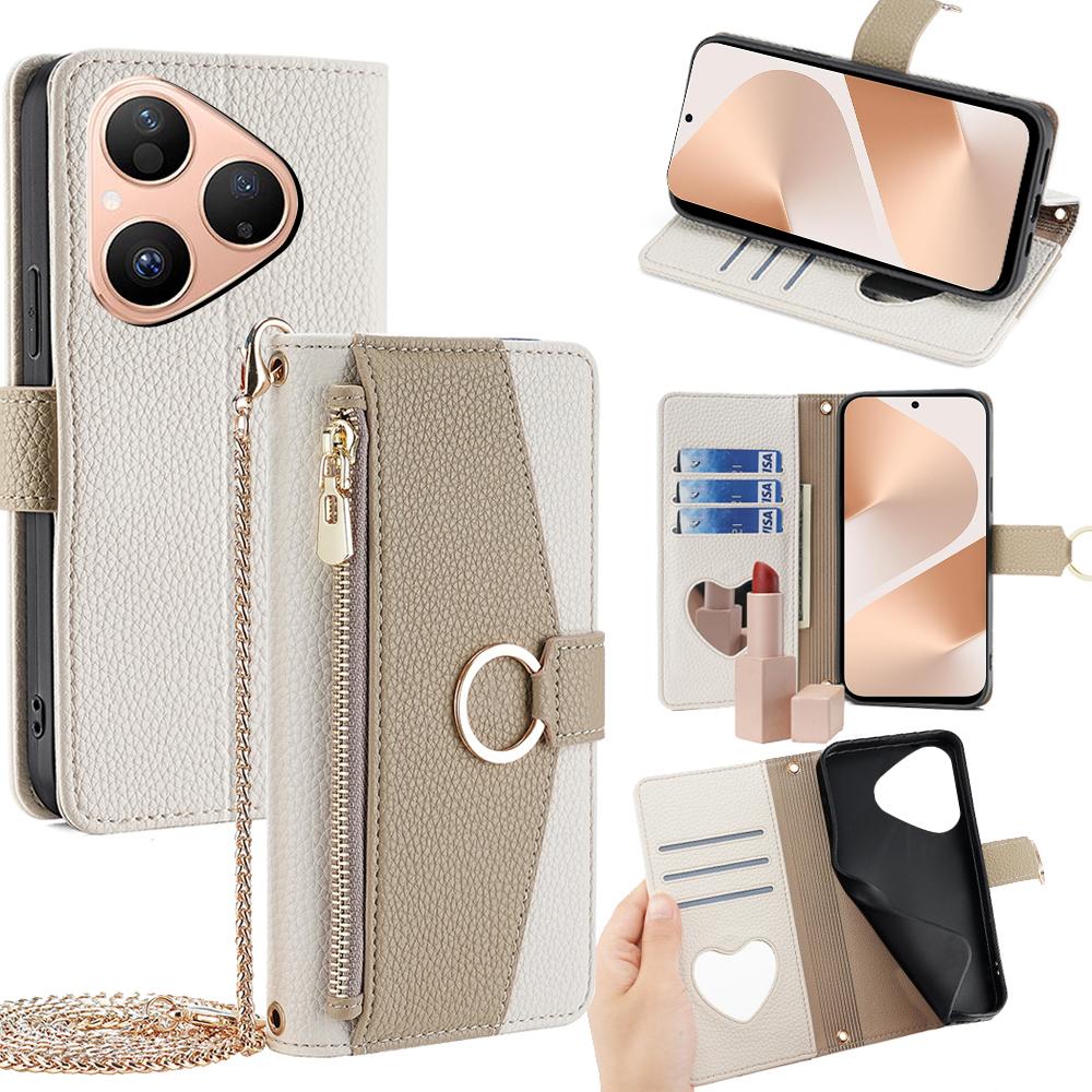 For Huawei Pura 80 Case Mirror Wallet Leather Phone Cover with Chain Shoulder Strap